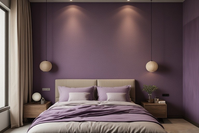 Warm plum and muted beige purple two colour combination for bedroom walls for a cozy interior