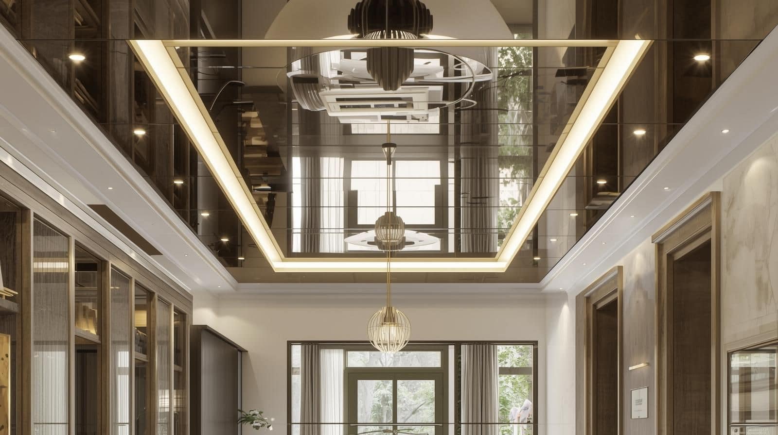 Ceiling Treatments and Lighting with Reflective Tiles.
