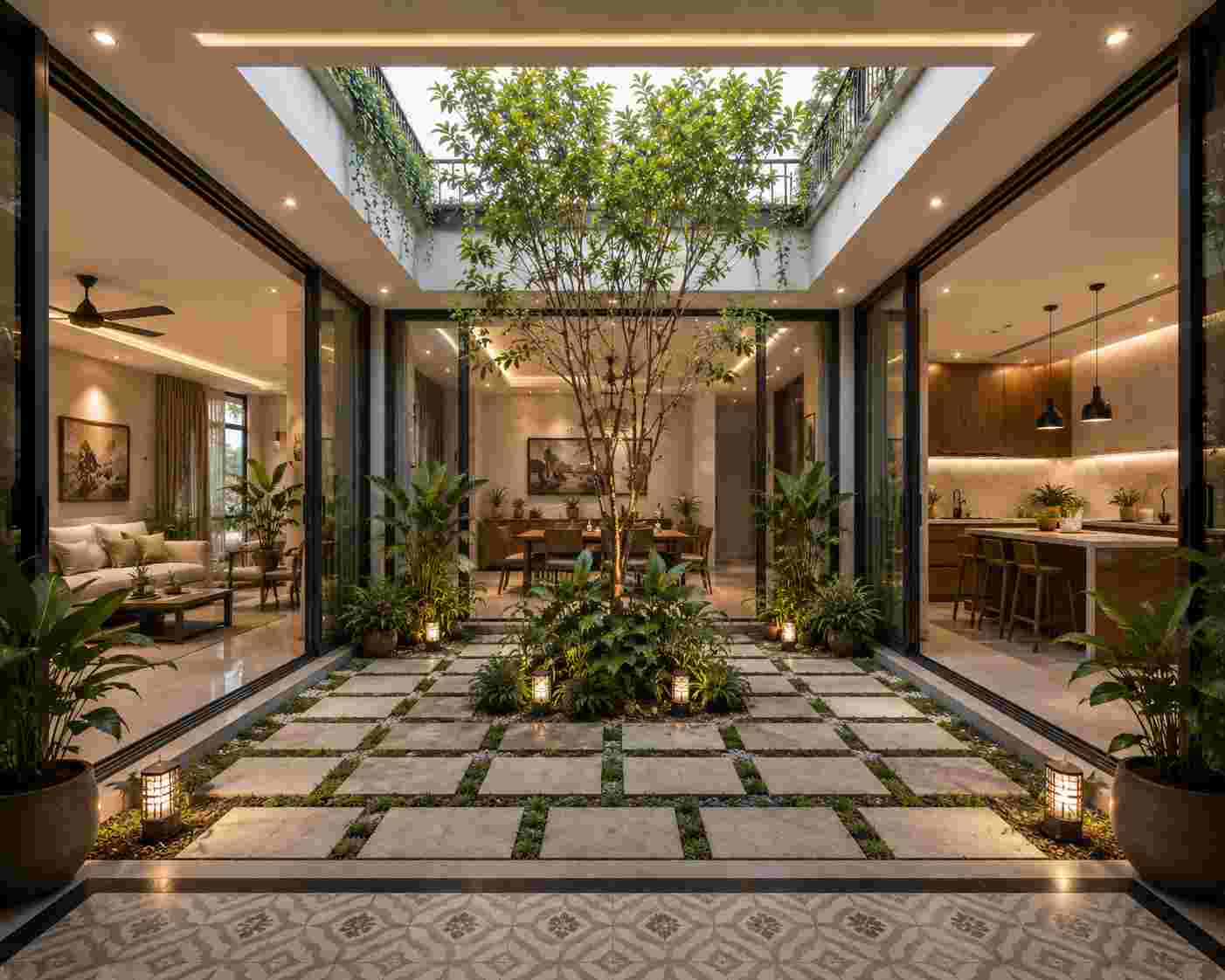 Ground Floor Home Design with Central Courtyards