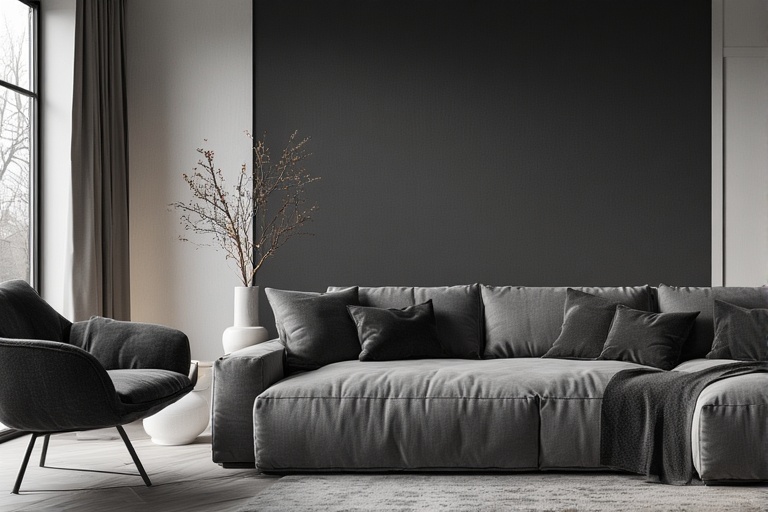 Charcoal Grey Accent Wall with Soft White Interiors for a Chic and Modern Look