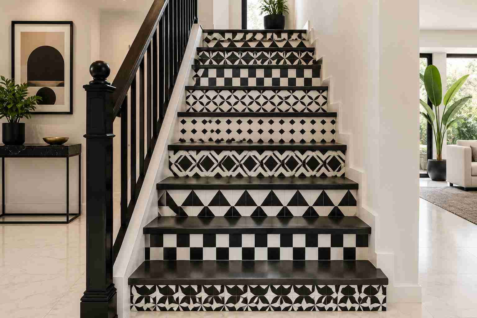 Checkeboard Pattened Black and White Stairs