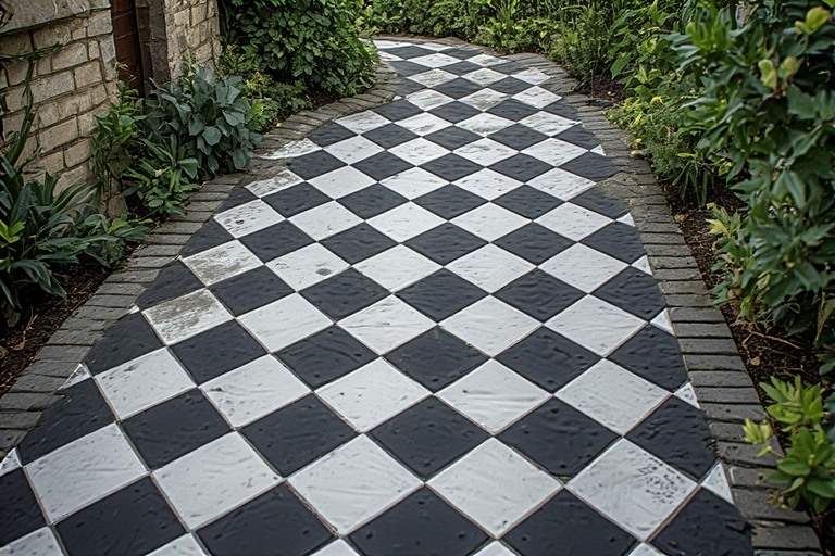 Classic black and white chequered pattern footpath tiles design