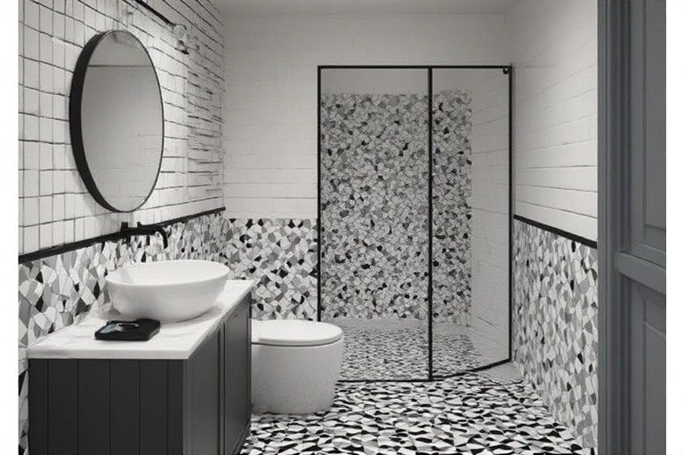 Monochrome wash area design using modern Simpolo geometric tiles.