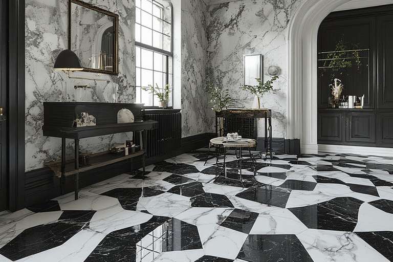 Classic Black & White Checkerboard Granite – Timeless, Elegant & High-Contrast Flooring Design