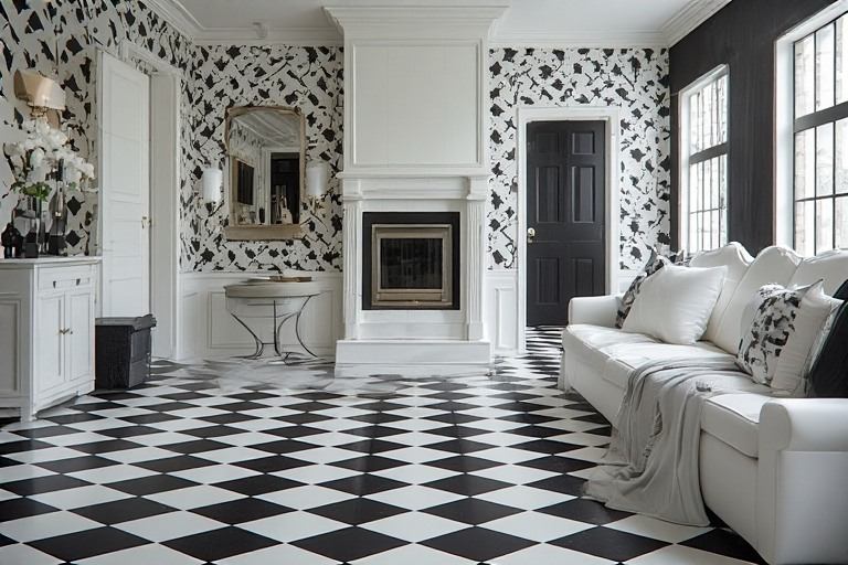 Black and white tile colours for home checkerboard floors