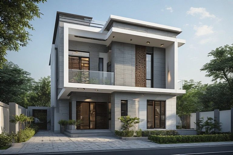 Modern grey and white exterior colour combination with matte tiles