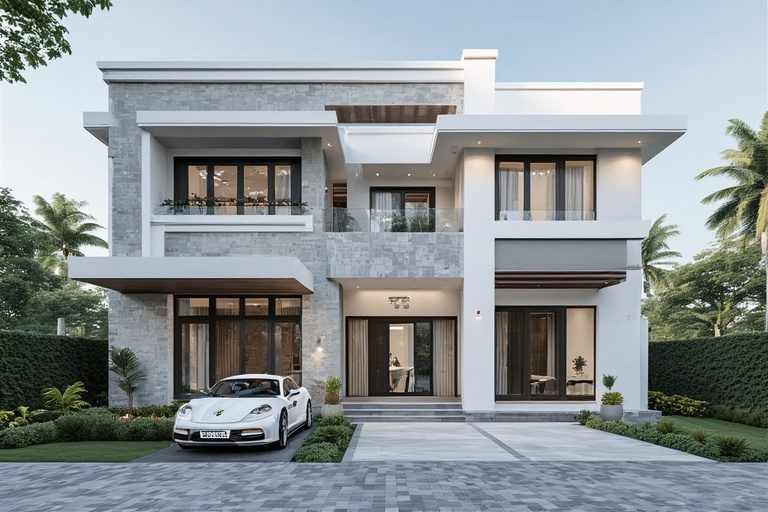 Classic grey and white best colour combination for house exterior with textured grey elevation tiles.