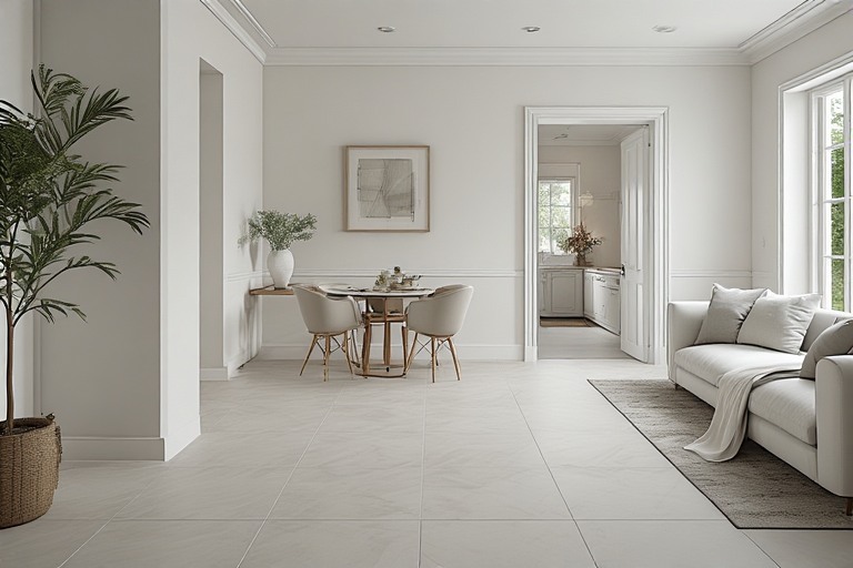 Classic light grey colour combination with white for a bright and airy living room wall design.