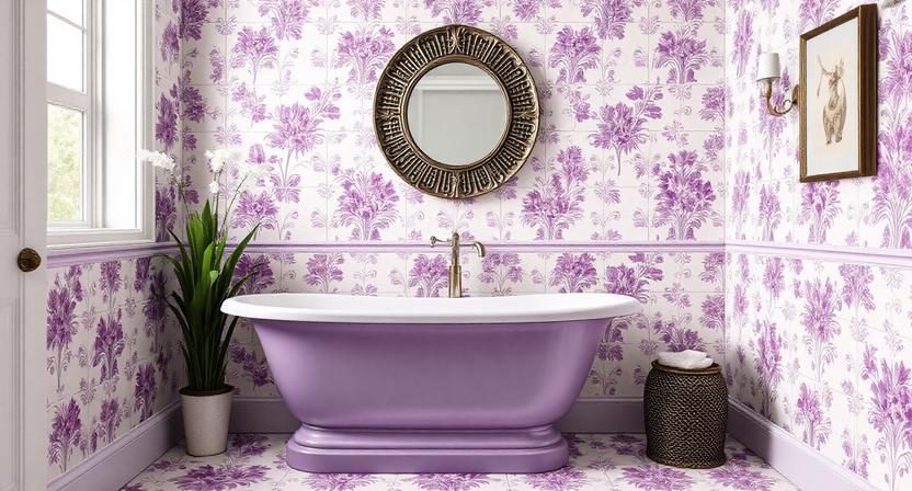 Classic Purple Floral Patterns on White Tiles