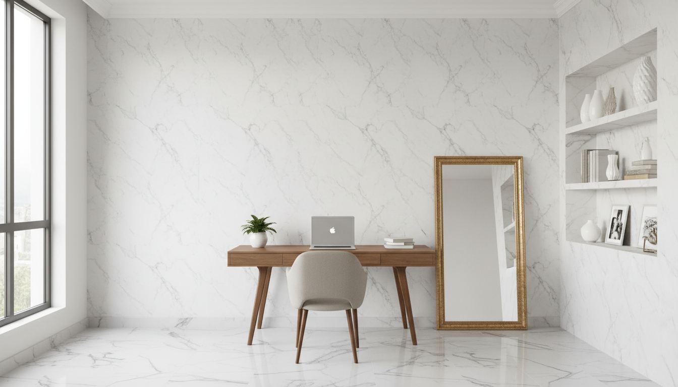 Classic white Carrara marble tile wallpaper with soft grey veining