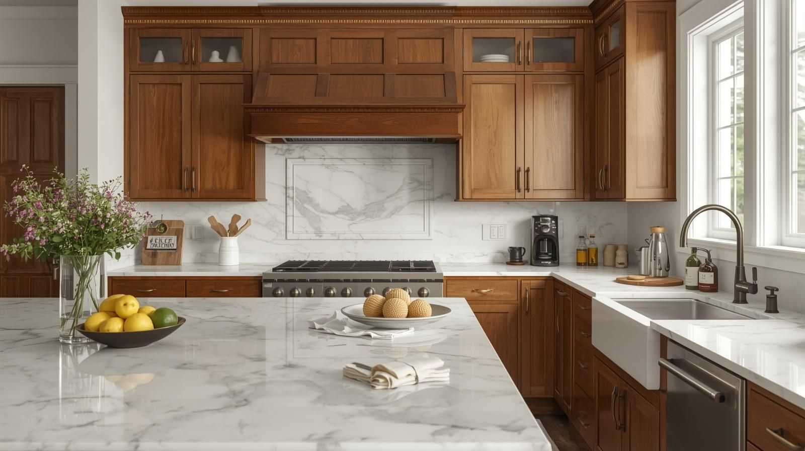 Classic White Marble Countertops with Wooden Cabinets