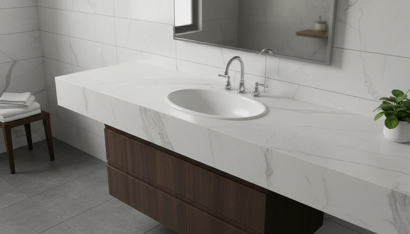 White oval undermount wash basin with a marble-look countertop