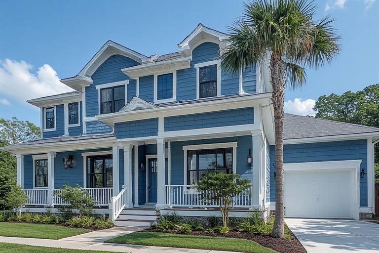 Coastal blue and crisp white best colour combination for house exterior with light stone-textured tiles.