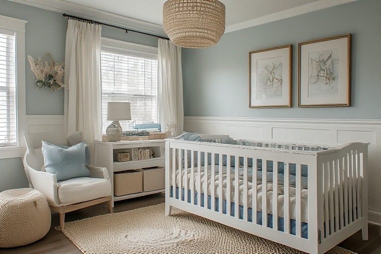Breezy coastal baby room design with light-reflecting floor tiles