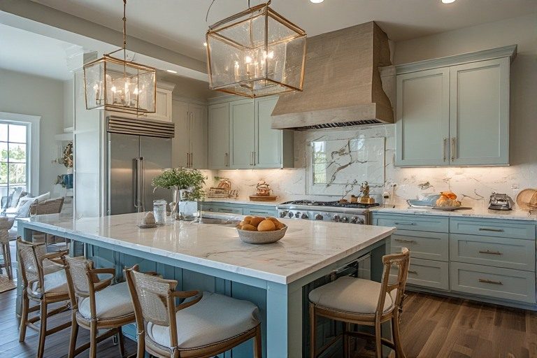 Coastal teal and sandy beige kitchen colour combination