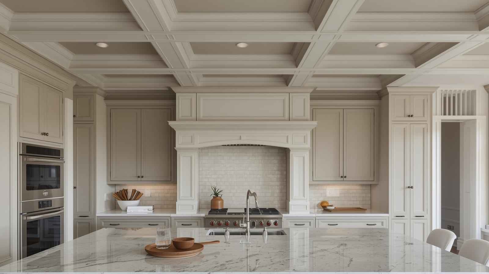 Coffered ceiling paired with classic ceramic tiles enhances elegance and depth in traditional home interiors.