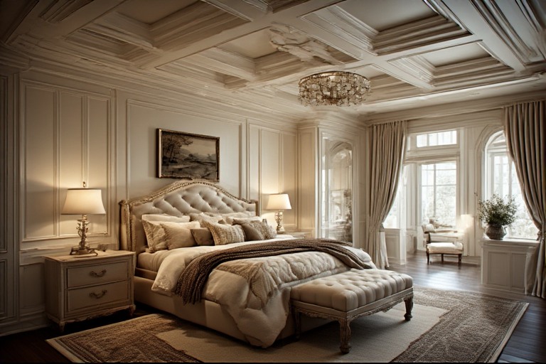 Bedroom Tiles with Coffered Ceiling Accent