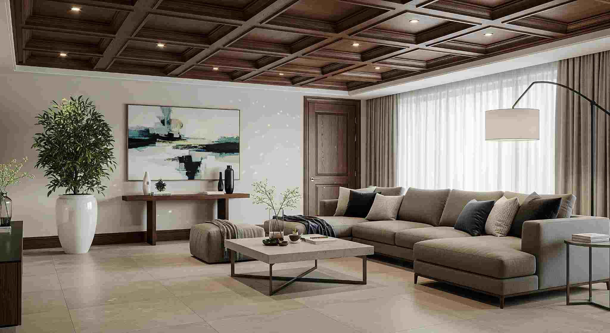 Coffered Wood Ceilings with Textured Porcelain Tiles