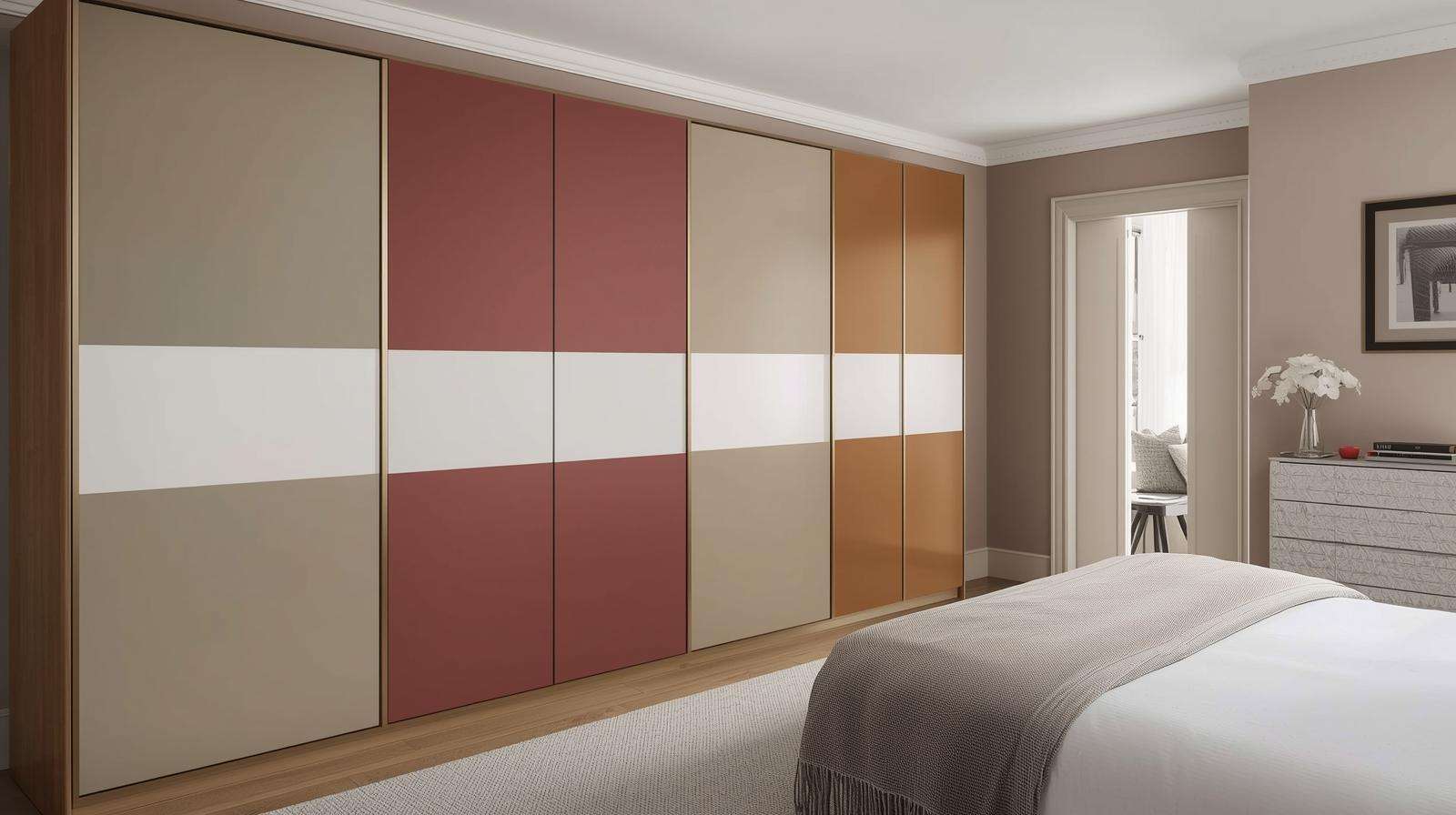 Colour block panel wardrobes introduce a bold, contemporary look to bedrooms through contrasting finishes and tones.