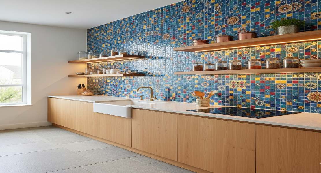Colourful Mosaic Tile Backsplash with Open Shelving