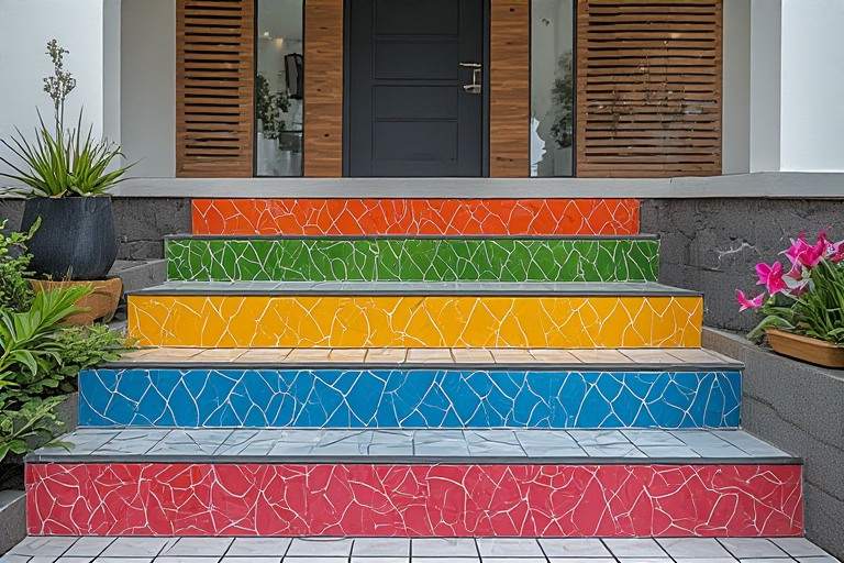 Colourful riser outside entrance stairs design with patterned tiles