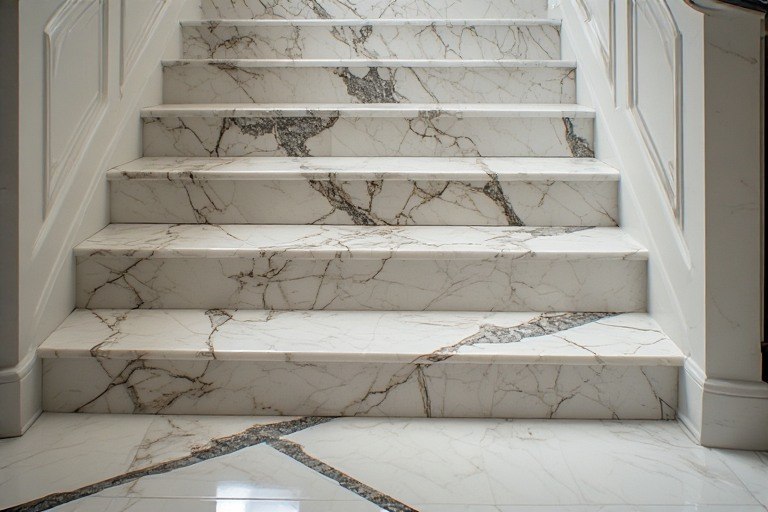 Polished and honed marble stairs design for home textures