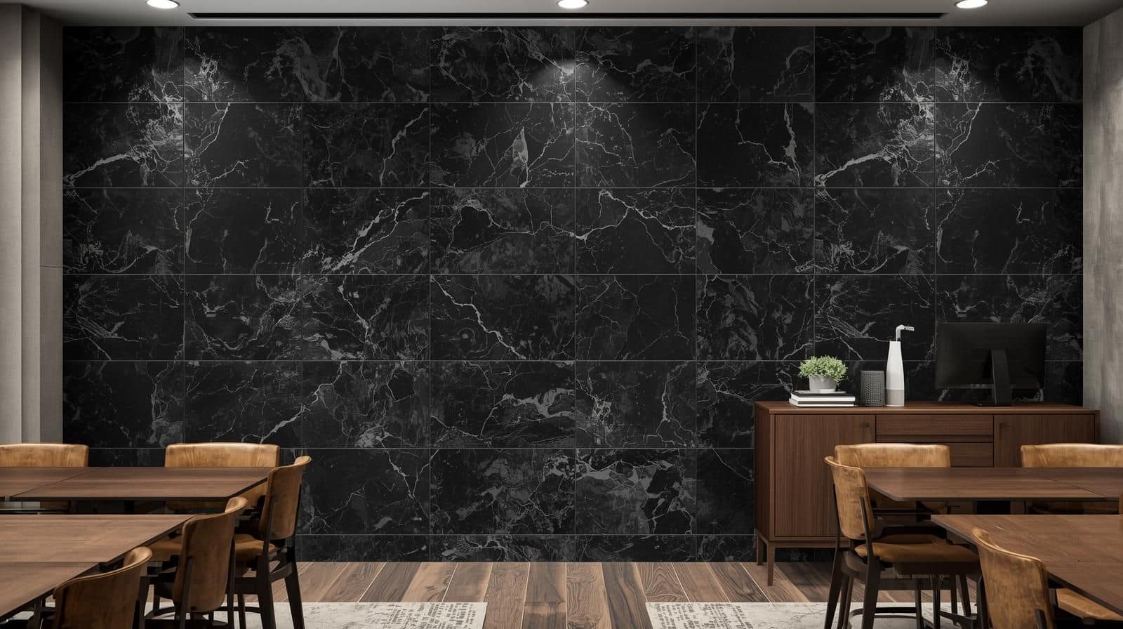 Combining Black Marble Tile Texture with Wooden Furniture.