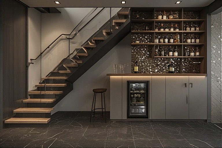 Modern bar and wine storage under stairs design