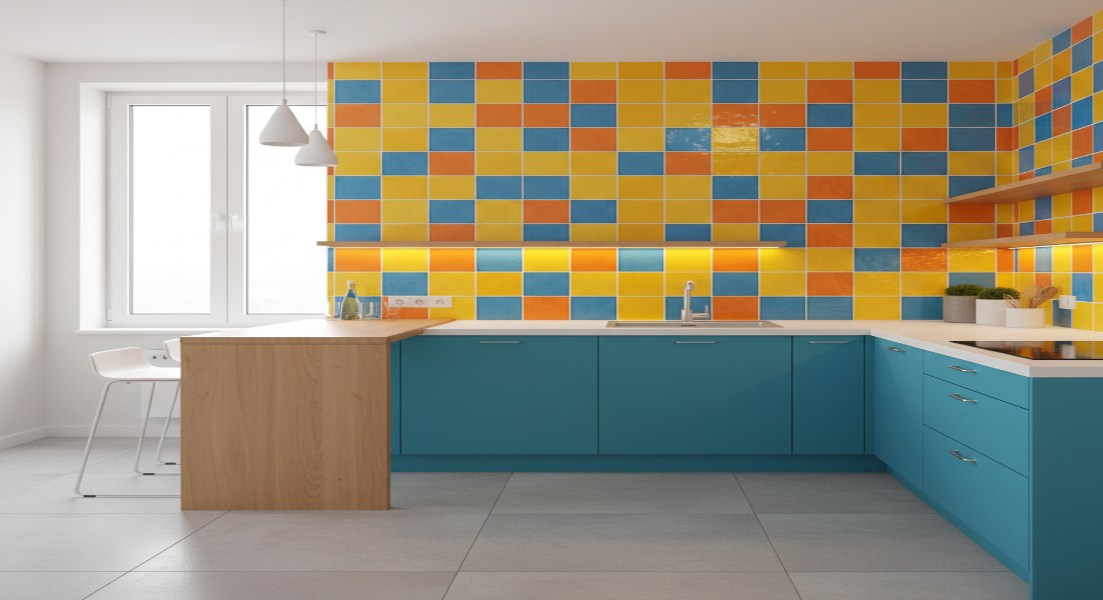 Compact Kitchen with Bright, Bold Tiles and Functional Layout