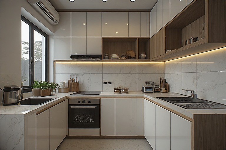 Space-saving compact L-shape modular kitchen design for small Indian homes