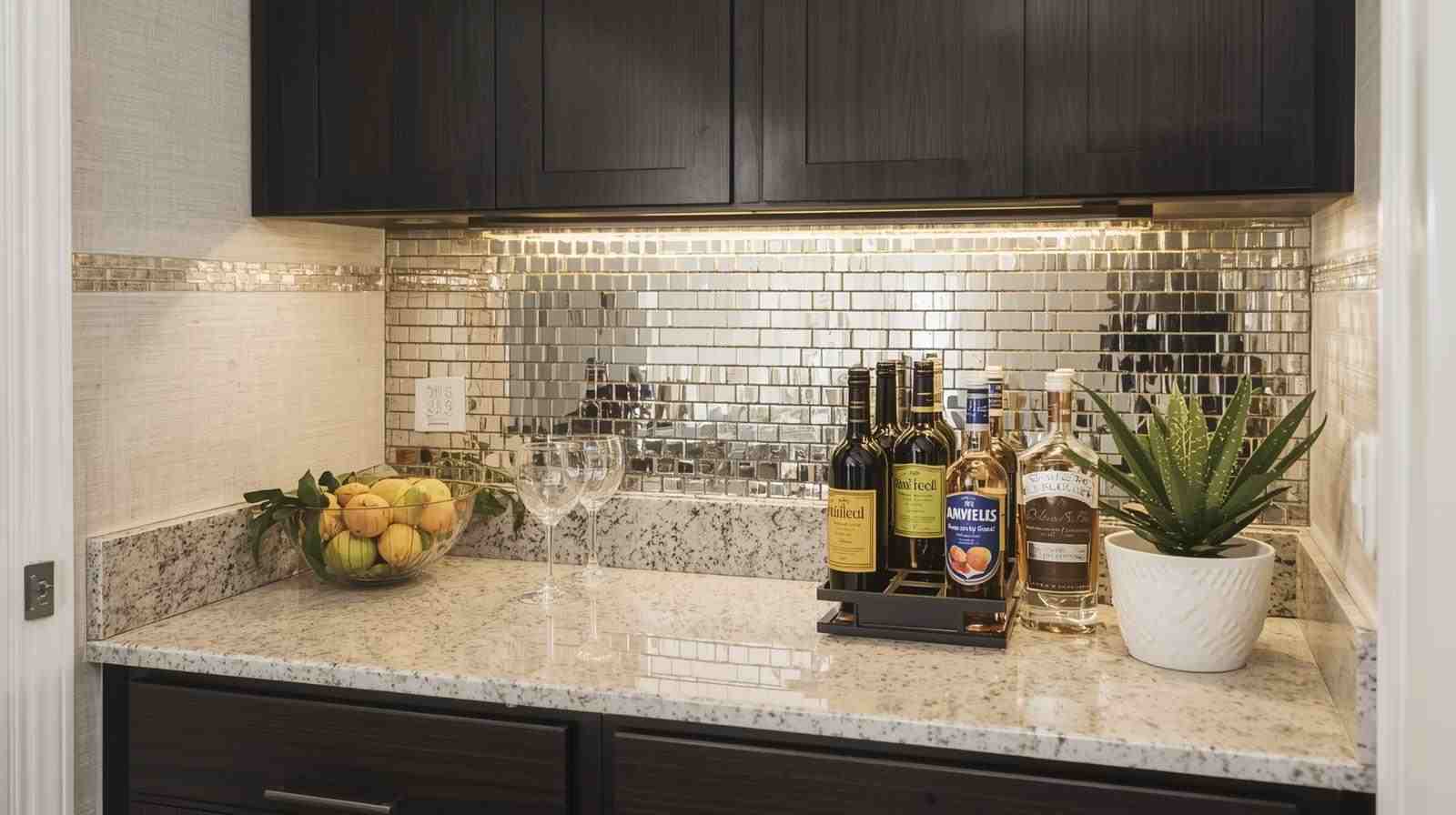 Compact nook bar counter design with mirrors.