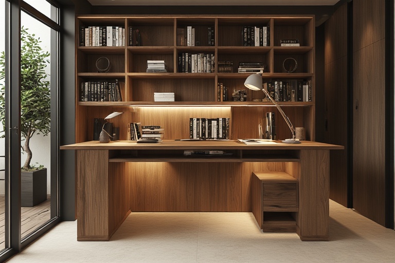 Compact Walnut Finish Study Table with Elevated Bookshelf for a Space-Saving Solution