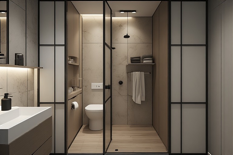 Compact wash area design with concealed sliding door panels.
