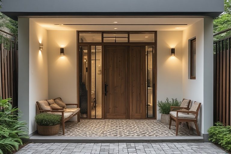 Compact village single floor home front design featuring a small functional porch and textured tiles