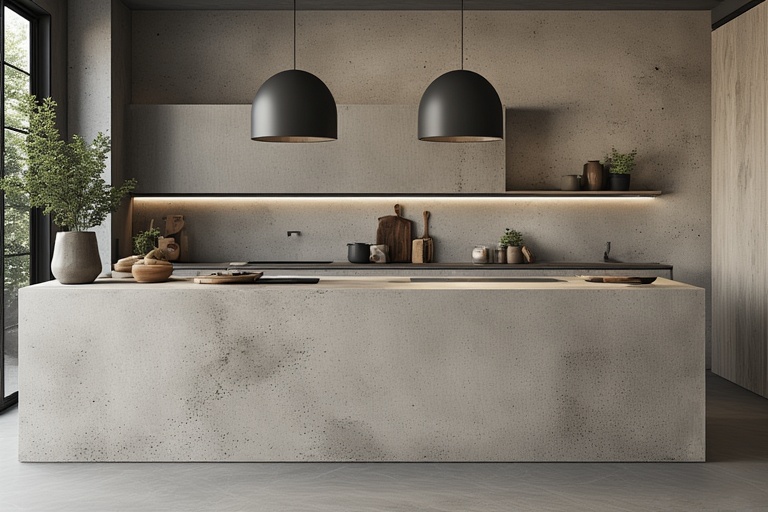 Concrete-Effect Slab for Industrial and Modern Kitchen Design