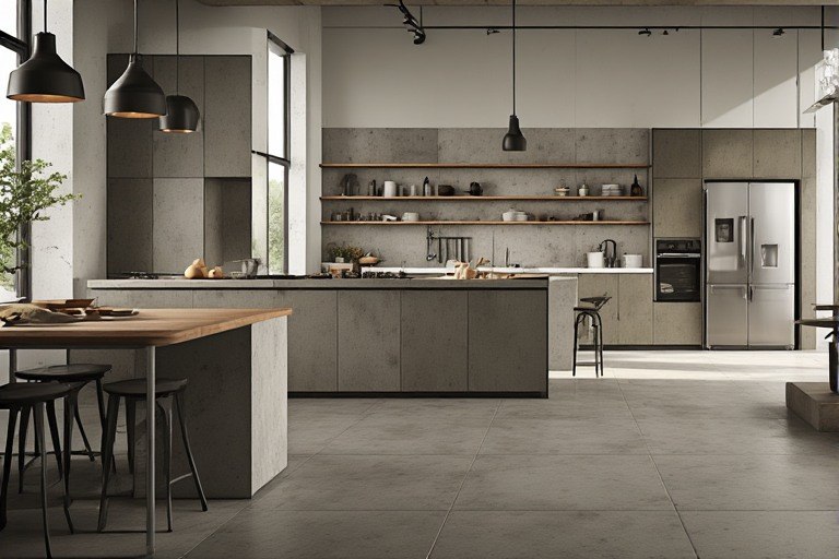 Industrial concrete finish kitchen floor ideas for urban homes