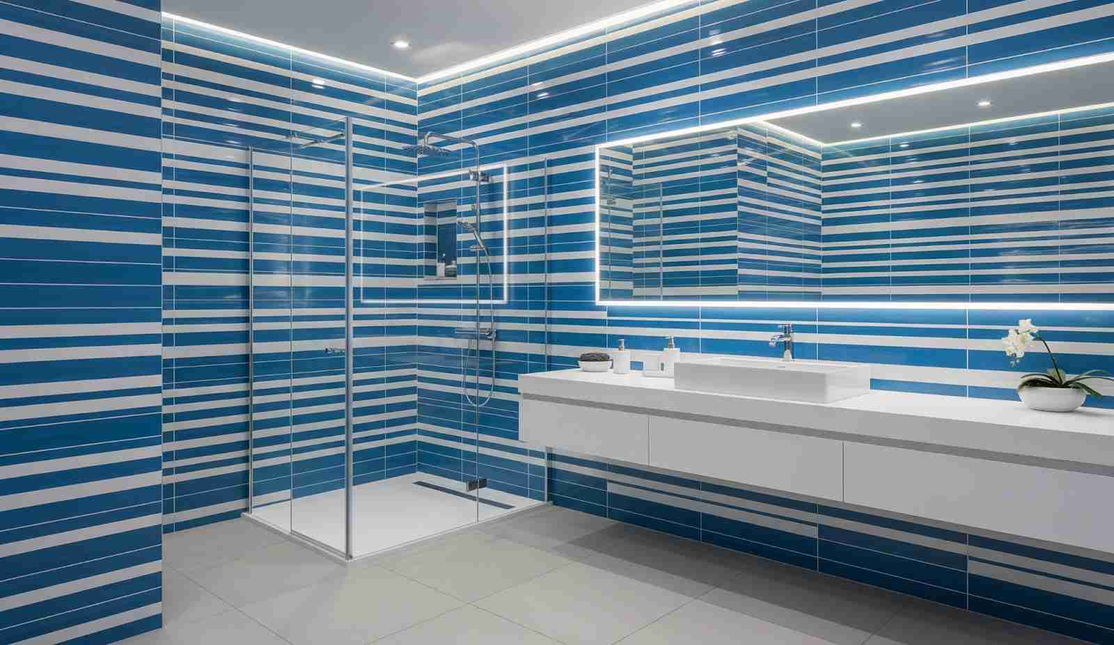 Contemporary Blue Stripes: Modern Blue Bathroom Tile Patterns