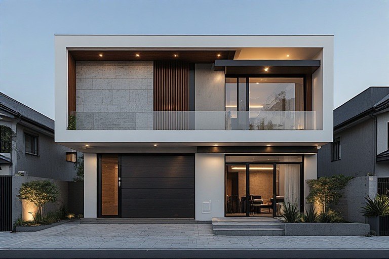 Contemporary box style double floor normal house front elevation designs