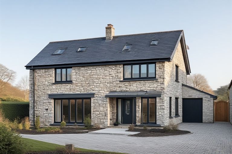Contemporary village single floor home front design with stone cladding and large modern windows