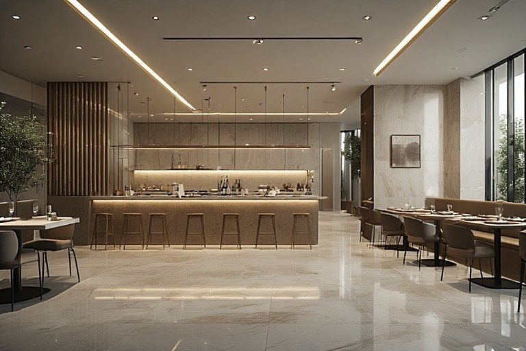 Minimalist restaurant design with large format porcelain floor slabs