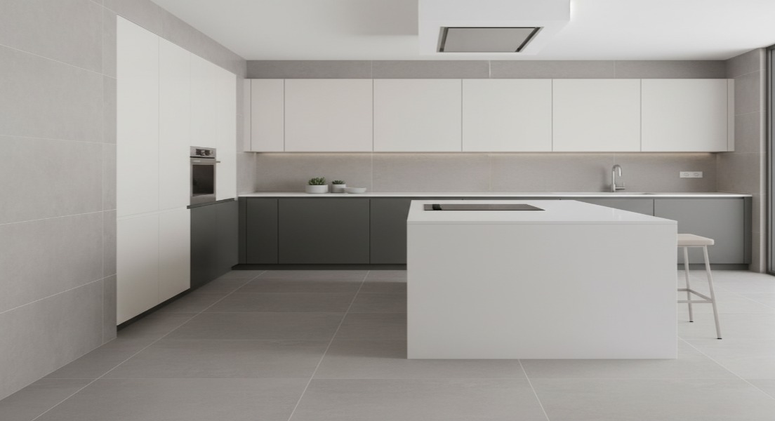 Contemporary Minimalist Kitchen with Matte Finish Tiles