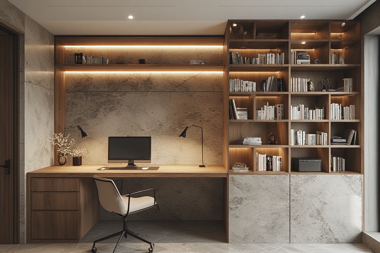 Contemporary Study Table with Vertical Bookshelf Divider for Stylish Organization