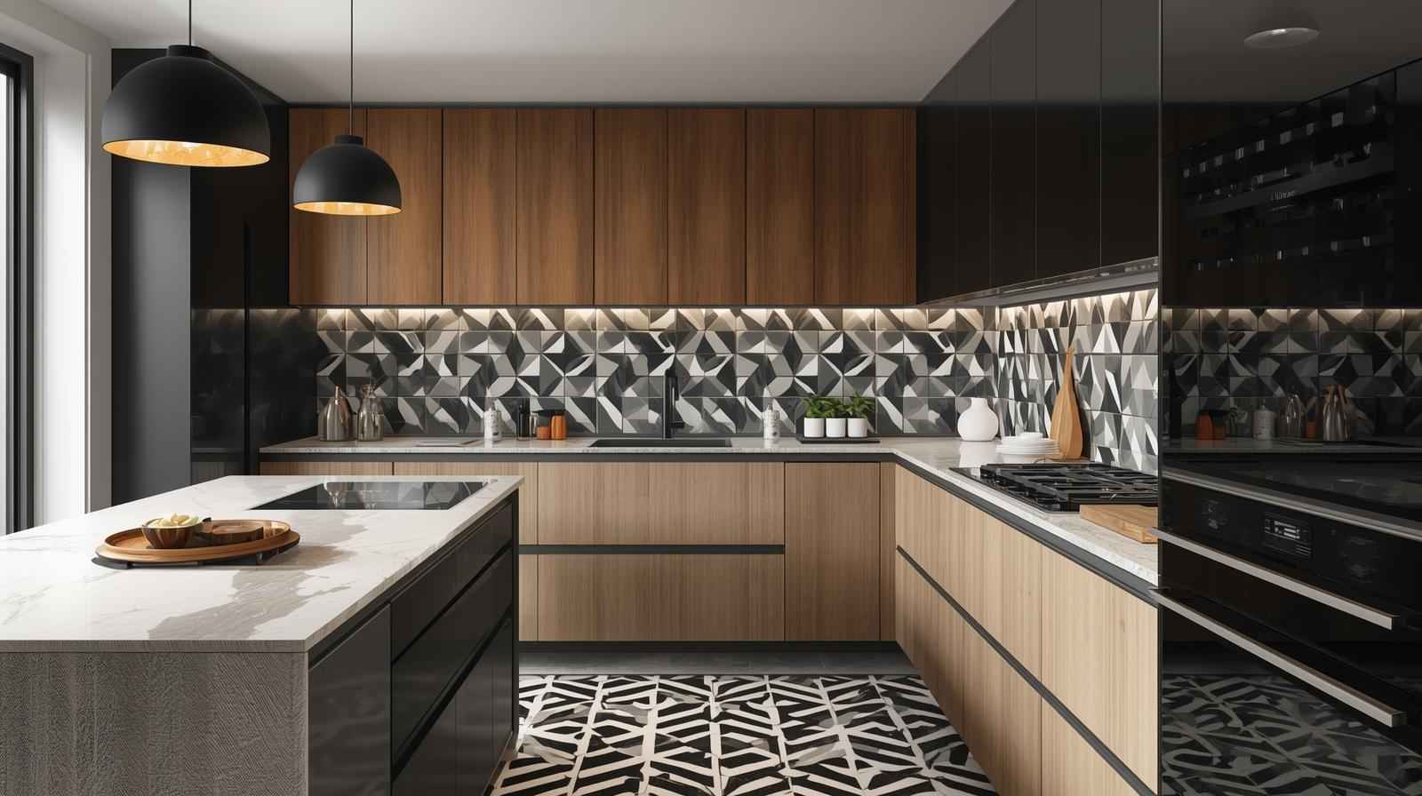 Contemporary Wood Grain Laminate Kitchen with Geometric Tiles