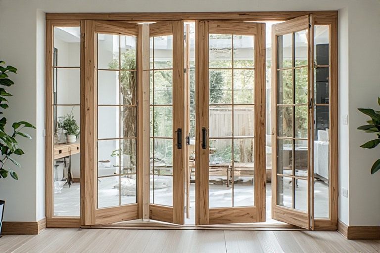 Contemporary wooden french window design for balconies