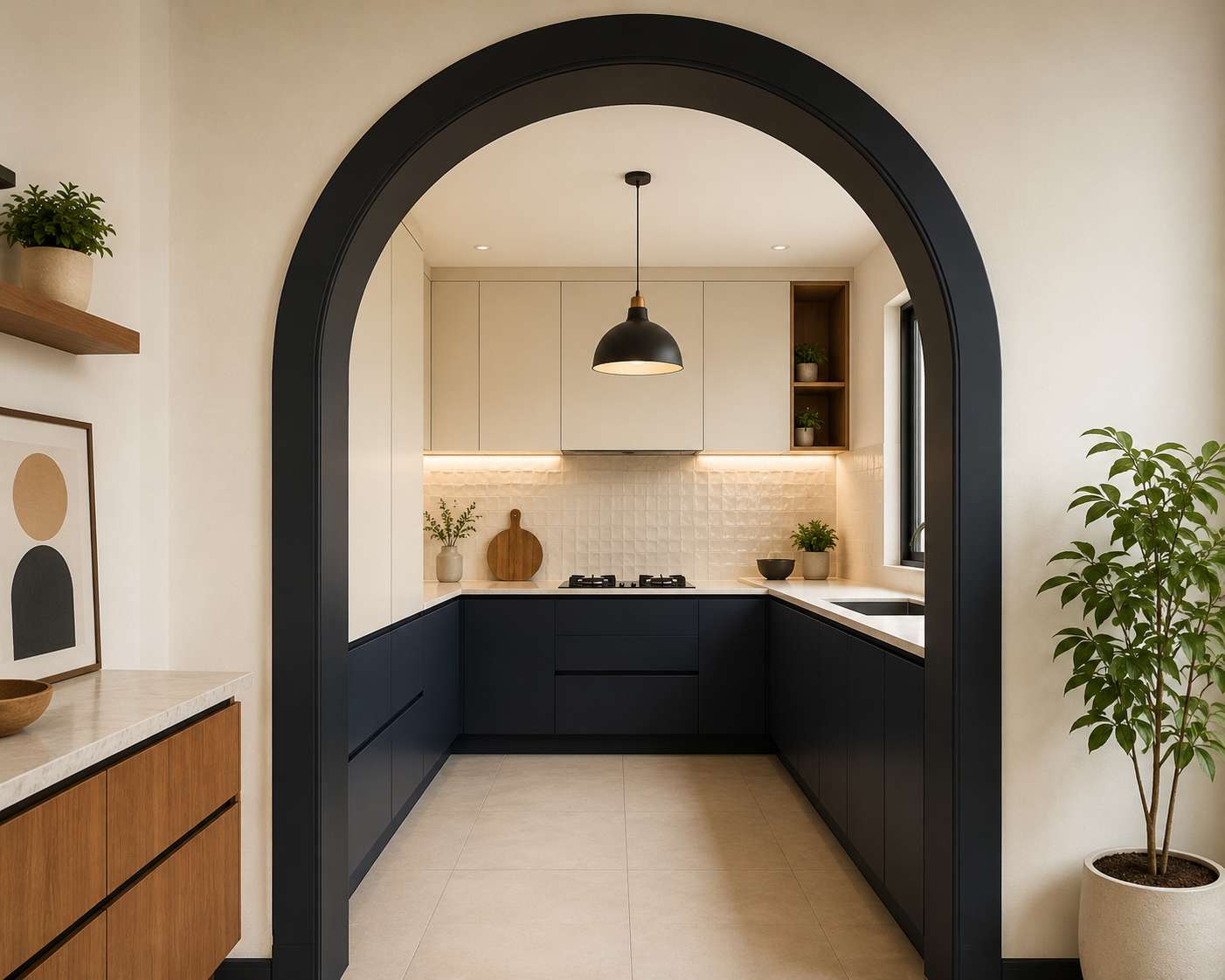 Contrast colour kitchen arch design