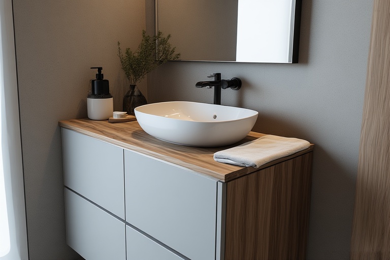 Corner Wash Basin with Space Saving Cabinet for Small Bathroom Layouts