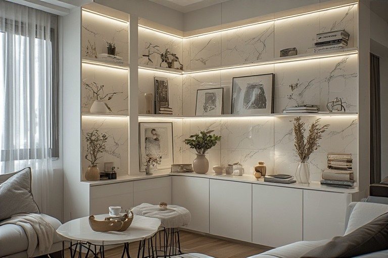 Compact corner wall showcase design.