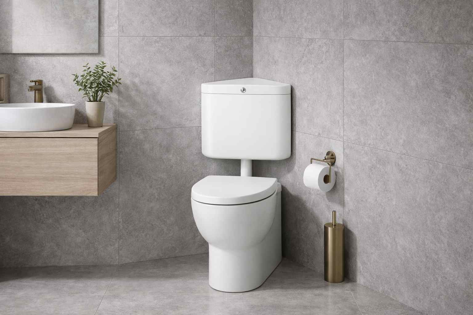 Corner placement slim flush tank.