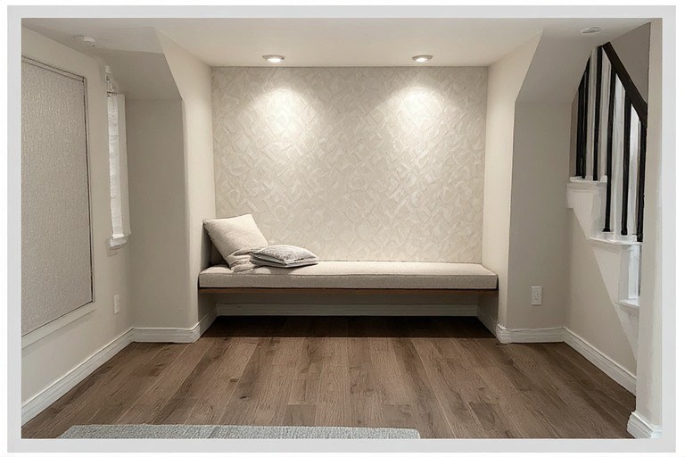 Relaxing reading nook under stairs design with wood tiles