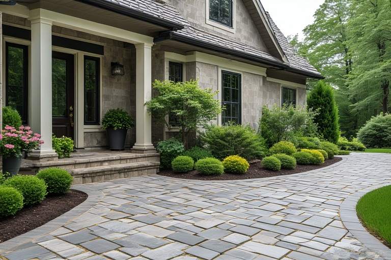 Cottage-style village single floor home front design with a gabled roof and stone-textured pathways